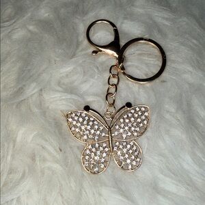NWOT butterfly stone keychain, our bag, charm gold with rhinestones